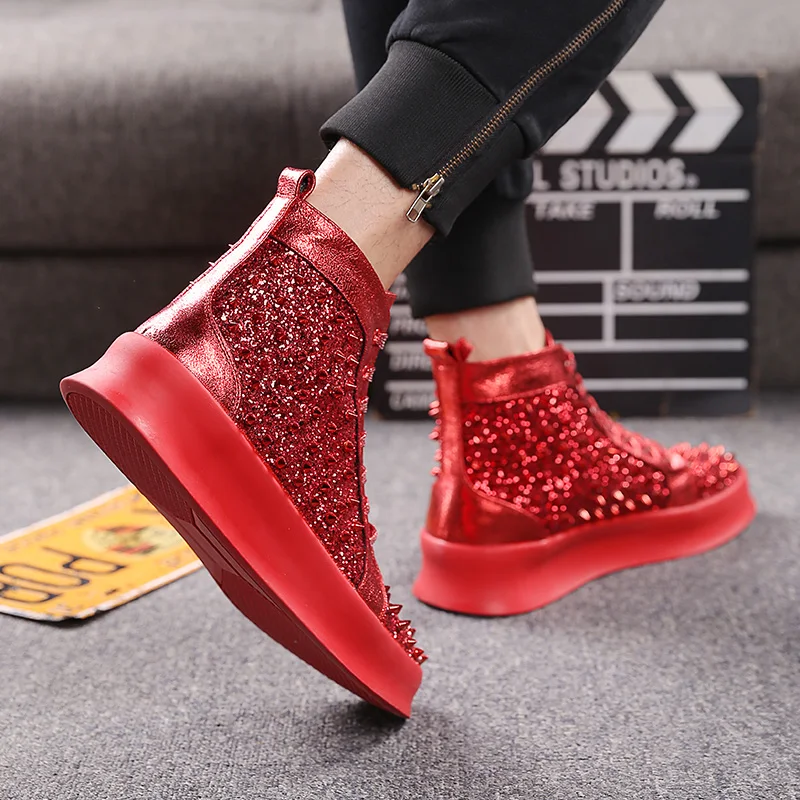 British luxury fashion men party banquet dresses soft leather rivet shoes flat platform shoe personality hip hop ankle boots man