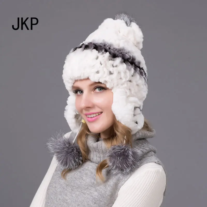 Женская вязаная шапка из натурального кроличьего меха зимняя Рекс с лисьим мехом