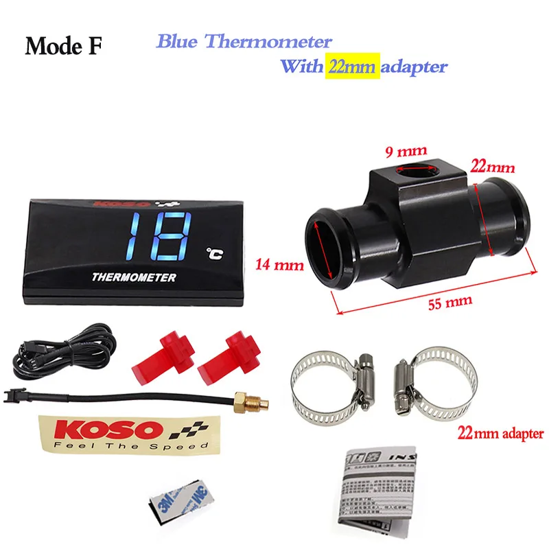 Mode F Blue Скутер Slimline KOSO термометр для воды измеритель температуры воды светодиодный дисплей с резьбовой датчик 10 мм - Цвет: Mode F Blue