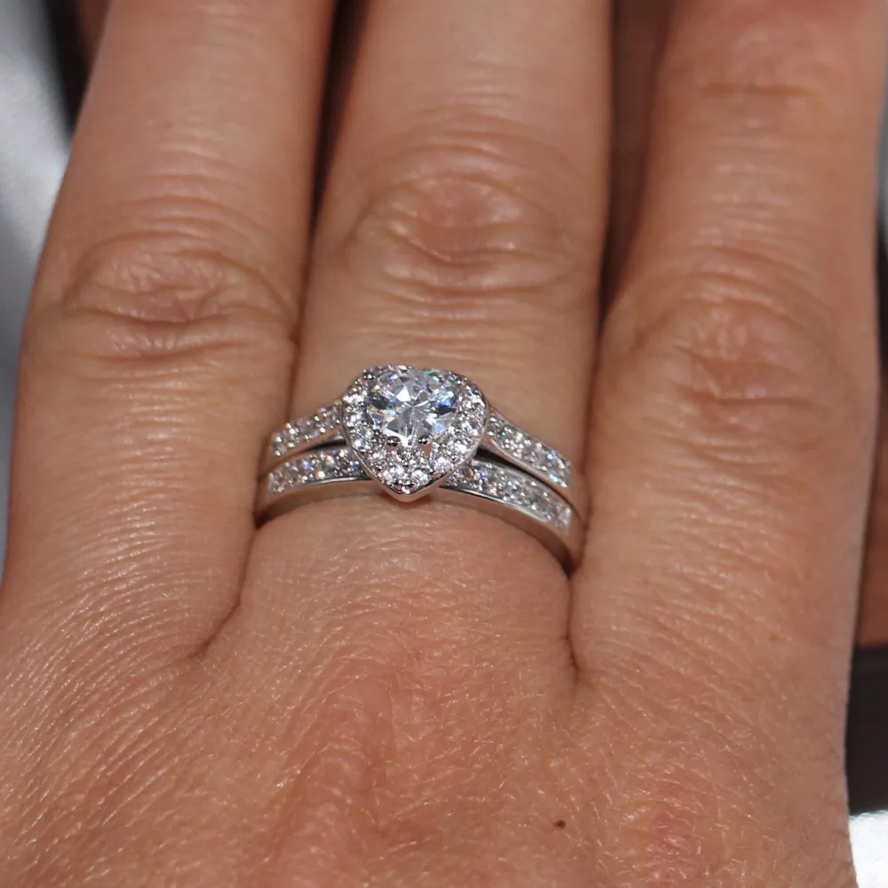 Женское кольцо с фианитом 10KT подарочное сердцем из белого золота 5 А 50%|ring set|heart