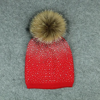 Red Норка, лиса шапка с меховым помпоном Женская шерстяная шапка с меховым помпоном женские зимние шапки вязаные хлопковые шапки-бини шапка брендовая чулок шапка - Цвет: Red