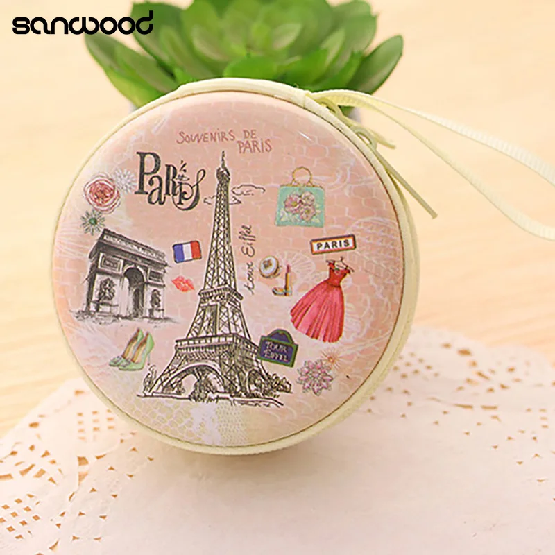 

Portable Lovely Round Wallet Cartoon Eiffel Tower Earphone Key Holder Case Bag
