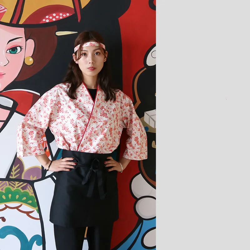 Japanese Chef Uniform Summer Unisex Print Overalls Hotel Canteen Kitchen Cooking Jacket Sushi Restaurant Waiter Kimono Shirt