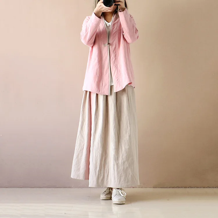 Хлопковая льняная Женская свободная рубашка с длинным рукавом однотонный чайный