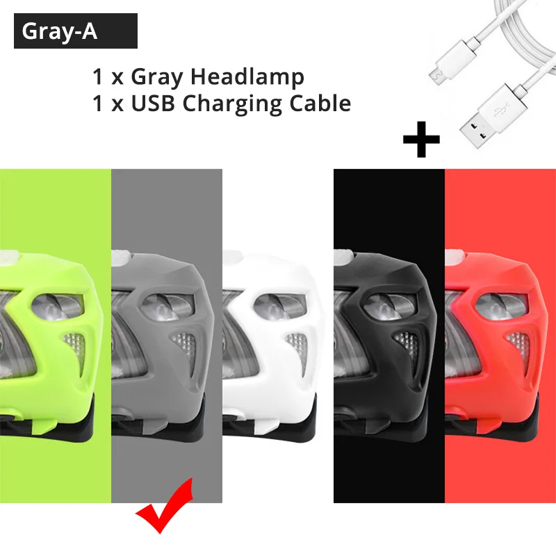Gray-A USB Перезаряжаемый светодиодный налобный фонарь сенсорный переключатель 6 светильник ing режимов белый светильник+ красный светильник для ночной рыбалки, кемпинга, приключений и т. д - Испускаемый цвет: Gray-A