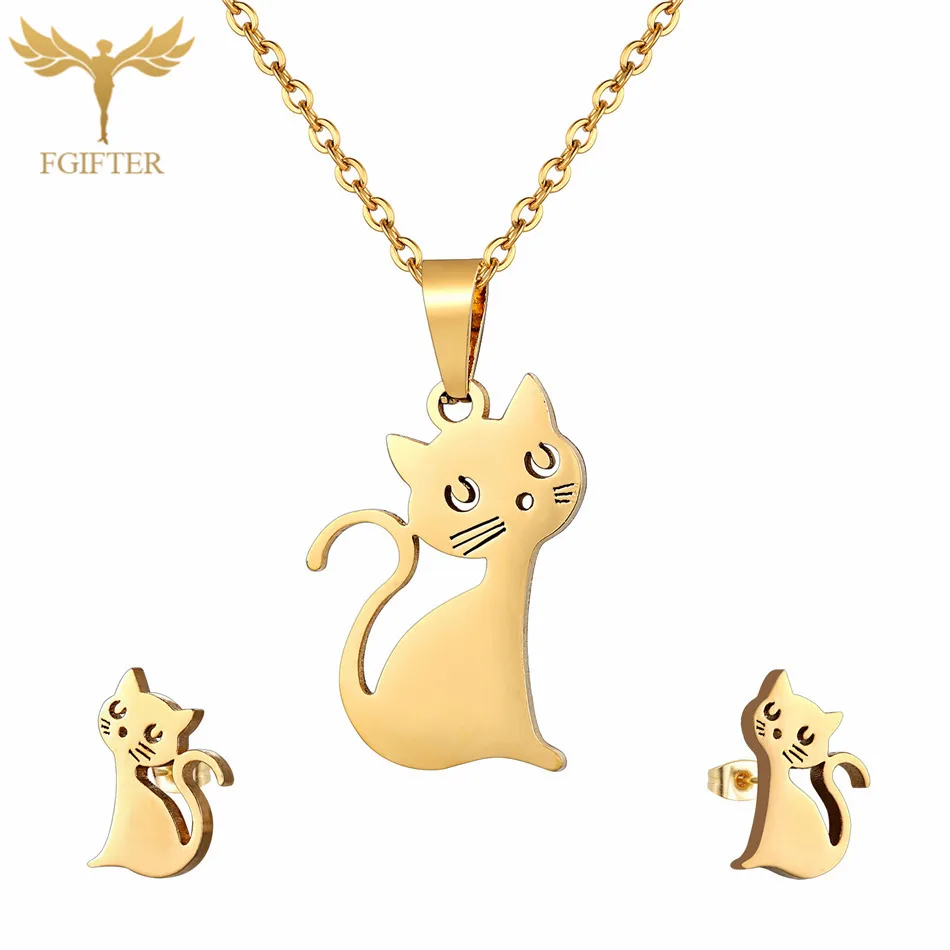

Cute Animal Cat Jewelry Set Women Earring and Necklace Sets Stainless Steel Chain Cat Pendant Stud Earring Gift ensemble bijoux