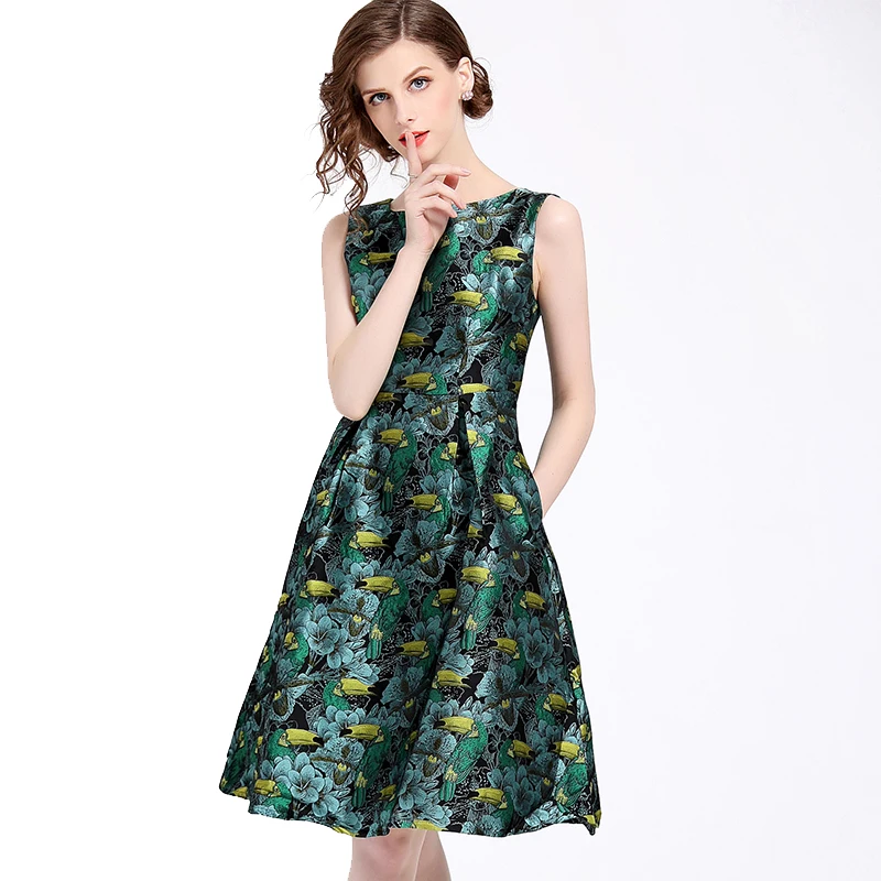 2018 Для женщин Летнее зеленое платье жаккардовые Sexy Тонкий Круглый шеи без