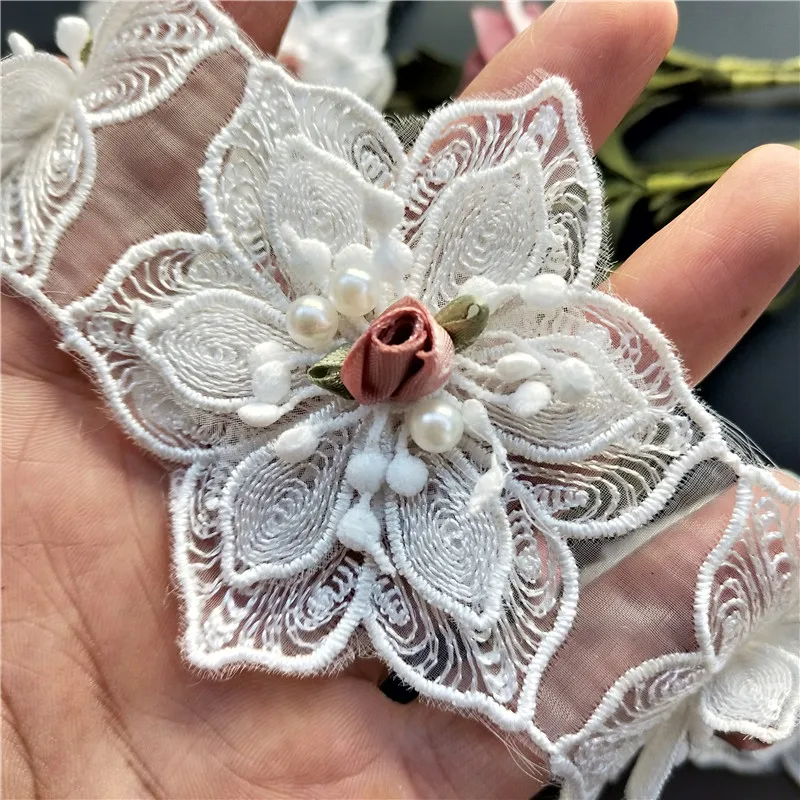 1 ярд белая жемчужина роза цветок вышитая искусственная отделка лента ткань