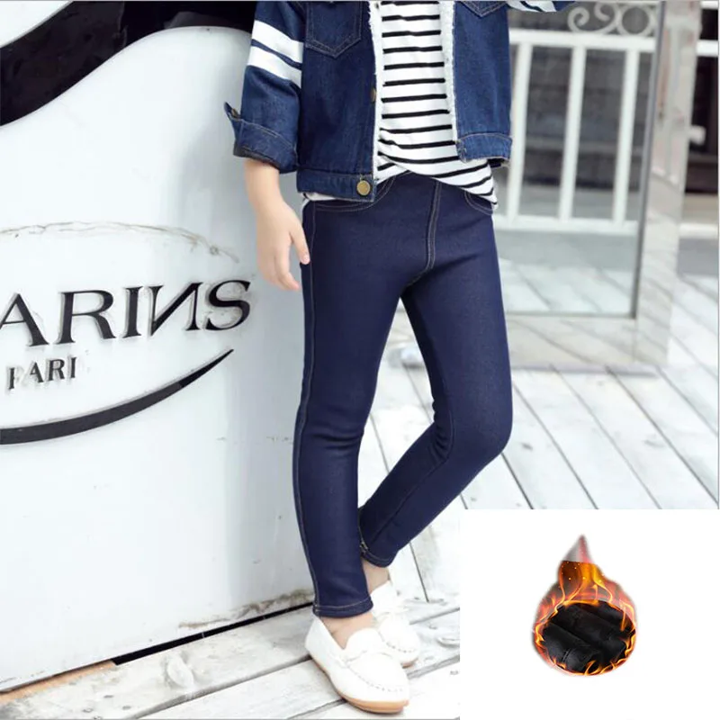 Зимние детские джинсовые штаны с имитацией Эластичные леггинсы для девочек