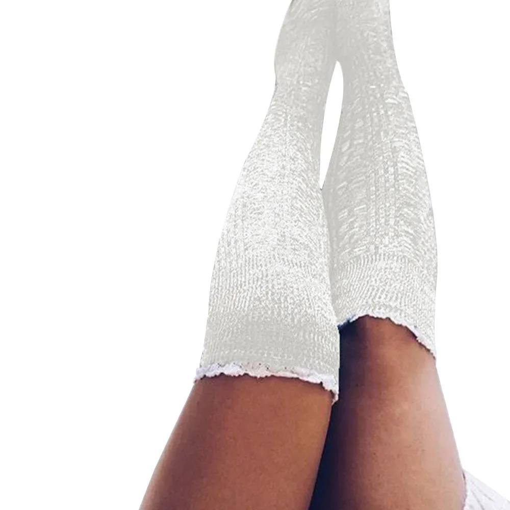 Женские забавные хлопковые длинные кружевные Вязаные гольфы выше колена зимние
