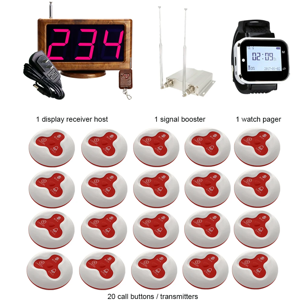 JINGLE BELLS Wireless Calling System 20 Buttons+ 1 Watch Pager+ Main host + repeater Hotel Call Bells |