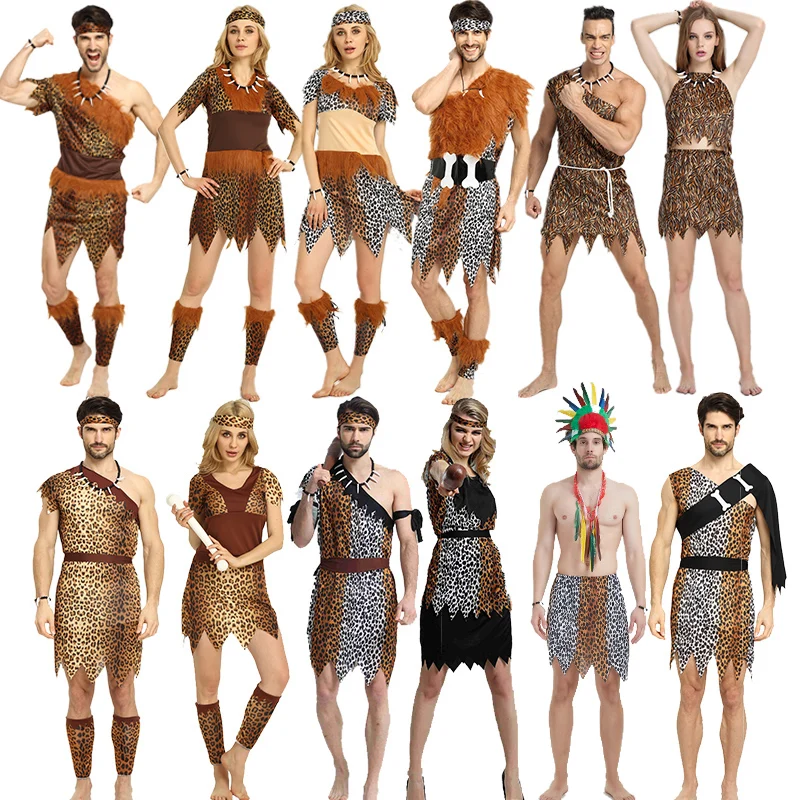 Leopard print cos primitives Adult Halloween African drum indigenous Indians performance clothing | Тематическая одежда и