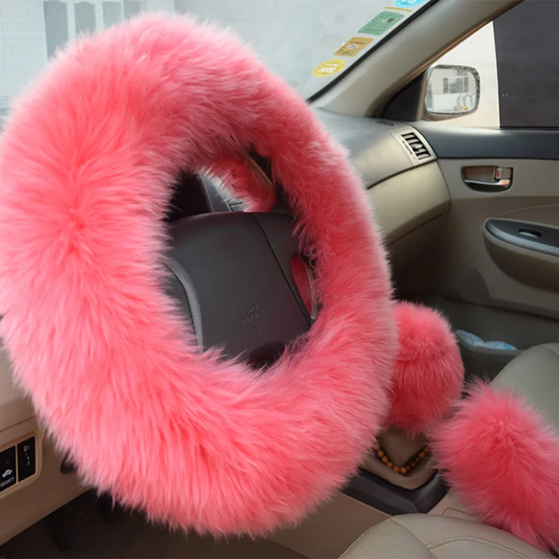 Pink Чехлы из овечьей кожи, зимняя теплая шерстяная крышка ручного тормоза, крышка переключения передач, крышка рулевого колеса 38 см, диаметр 1 комплект, 3 шт., WSWS01 - Название цвета: Pink