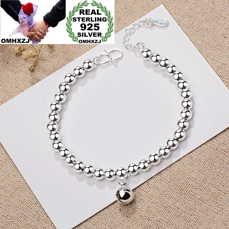 

OMHXZJ Wholesale European Fashion Woman Girl Party Birthday Wedding Gift Vintage Beads Bell 925 Sterling Silver Bracelet BA111