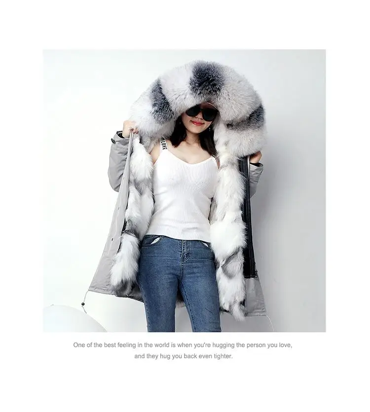 New Fashion Winter Women Real Fox Fur Coat Outerwear Female Naturel Fox Fur Collar Hooded Warm Thicken Jacket Plus Size H12