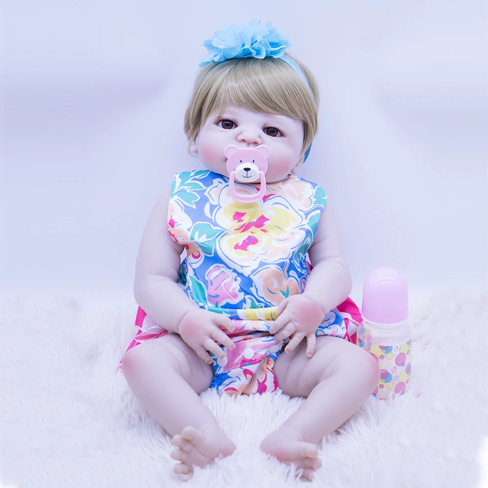 

fashion blonde brown eyes Silicone Bebe Reborn Girl Dolls 55cm real Newborn Babies with blue hair band Bathe Toy children Gift