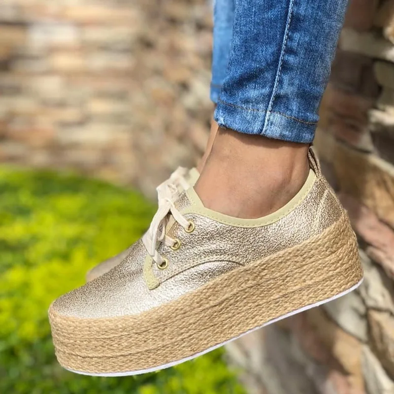 Эспадрильи женские холщовые толстая подошва плоская на шнуровке круглый носок