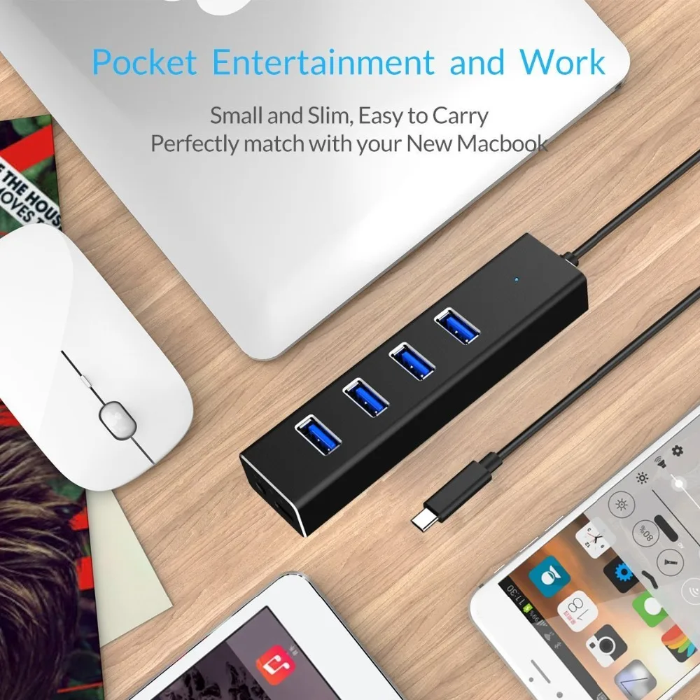 USB C Hub Leadzoe алюминиевый 4 портовый концентратор Type w/Встроенный кабель и