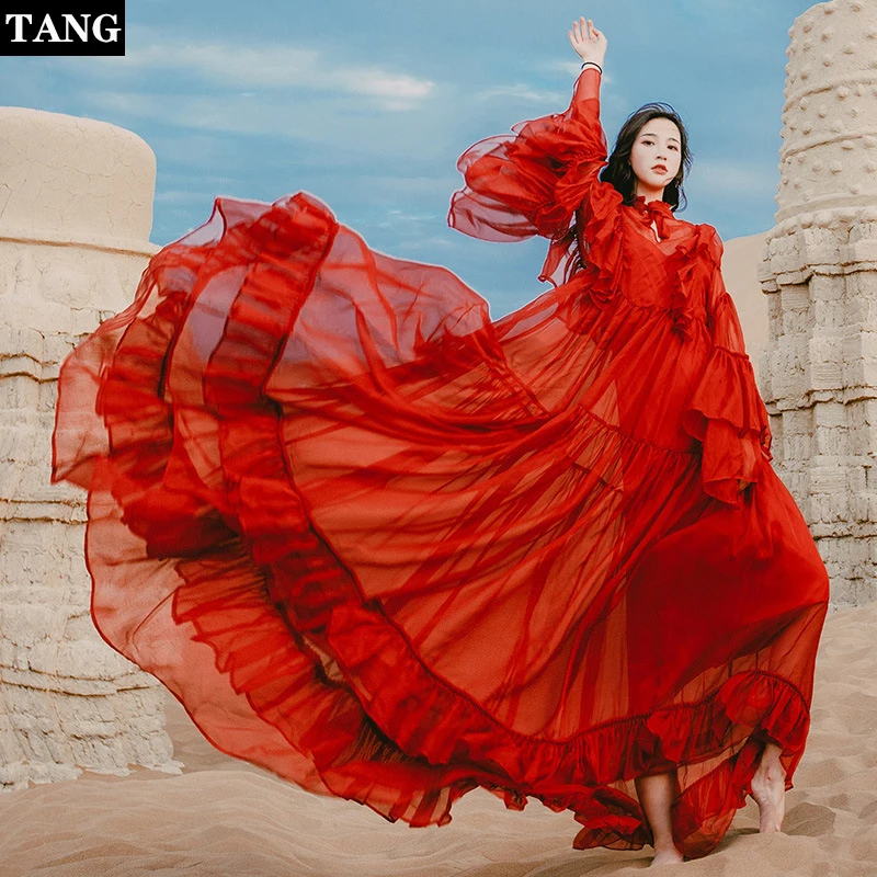 TANG летнее красное шифоновое макси платье для женщин 2019 элегантное винтажное с