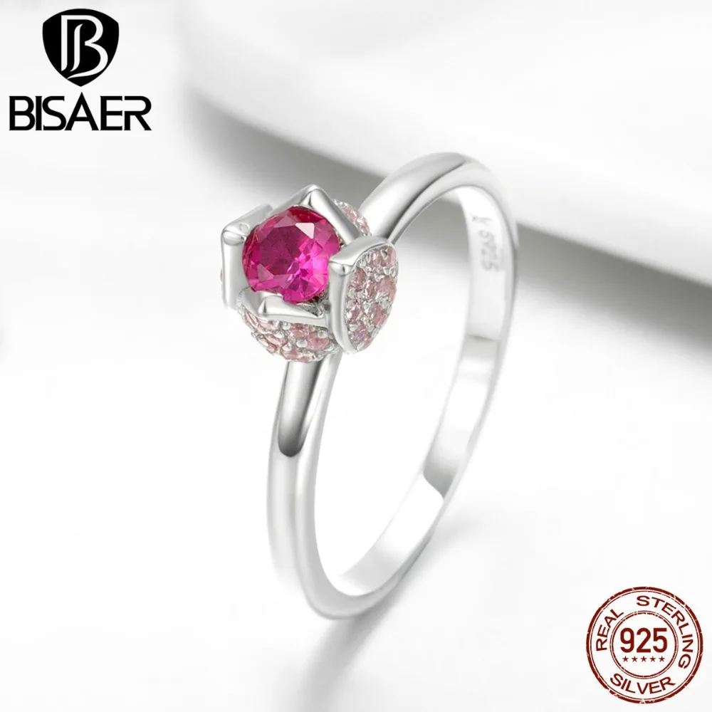 BISAER 925 пробы Серебряное романтическое кольцо в виде цветка розы для женщин розовые CZ цветочные бутоны кольцо на палец Свадебные серебряные украшения ECR455