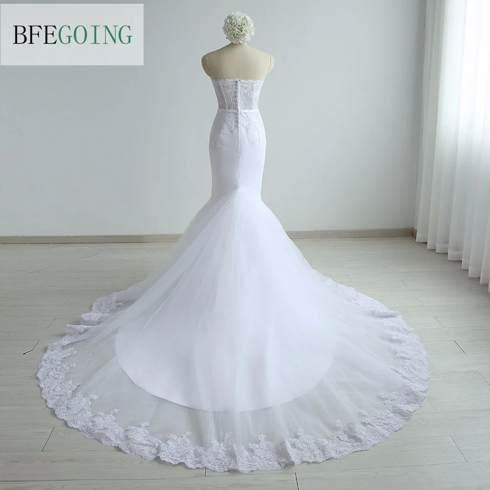 Белое Тюлевое кружевное свадебное платье с юбкой годе со шлейфом для часовни без