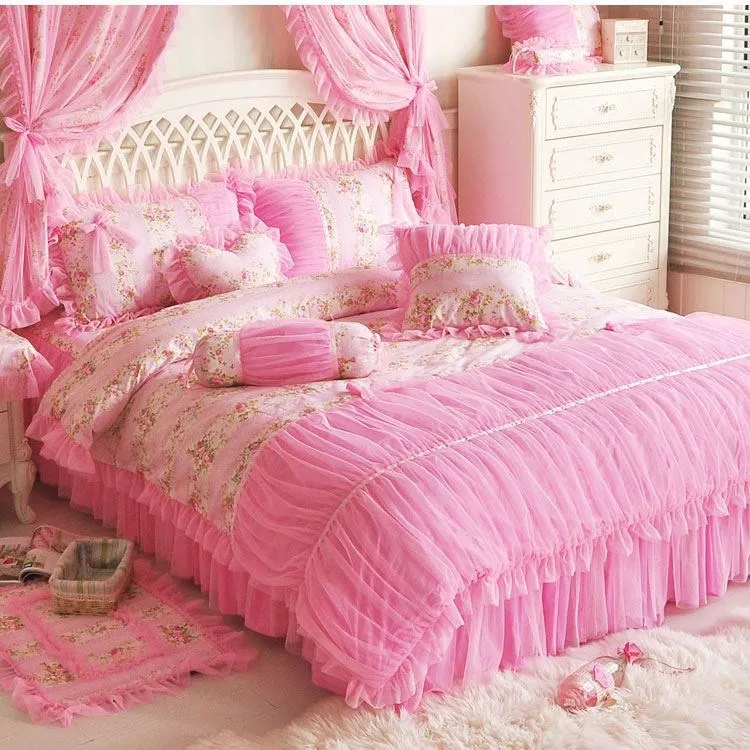 100%Cotton Purple Floral Girls Princess Bedding Set Twin Queen King size Duvet cover Bedsheet set Bedskirt linen Pillowcase