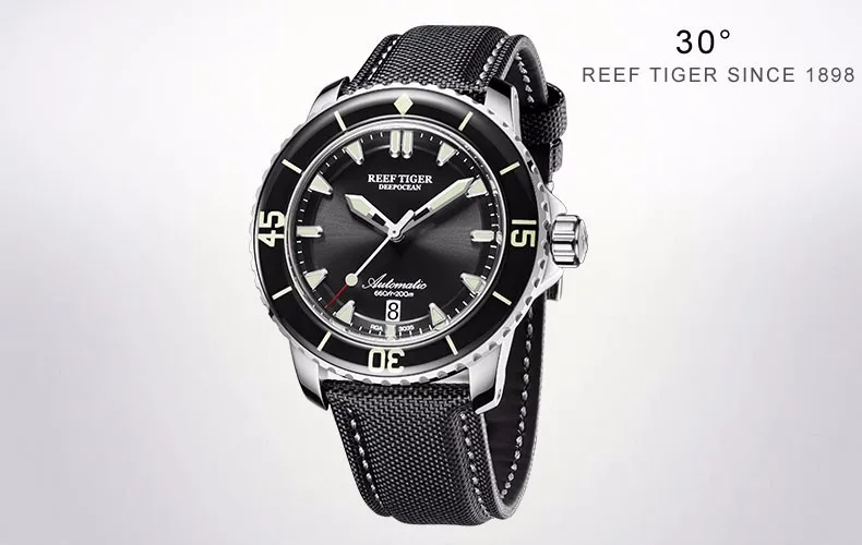 Reef Tiger/RT часы для дайвинга люминесцентные спортивные часы мужские черные стальные кожаный ремешок автоматические с датой водонепроницаемые часы RGA3035