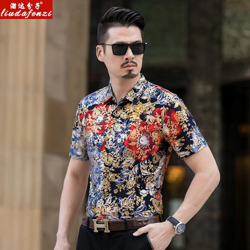 Summer Men's Leisure Individuality Printed Brilliant Coloured Short-sleeved Shirts Large-size Colored Trend | Мужская одежда