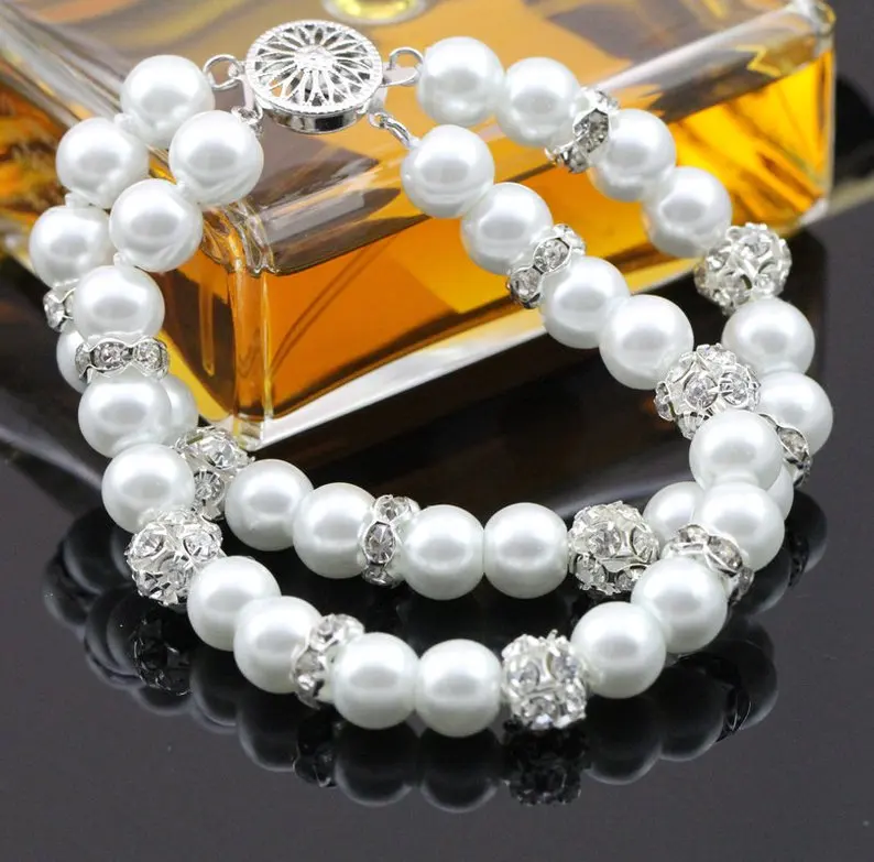 Идеальные свадебные браслеты 2 ряда 8 мм стеклянный браслет стразы с жемчугом для