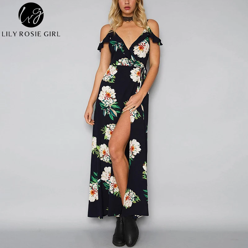 С открытыми плечами глубокий v образный вырез оборки Boho Макси длинное платье