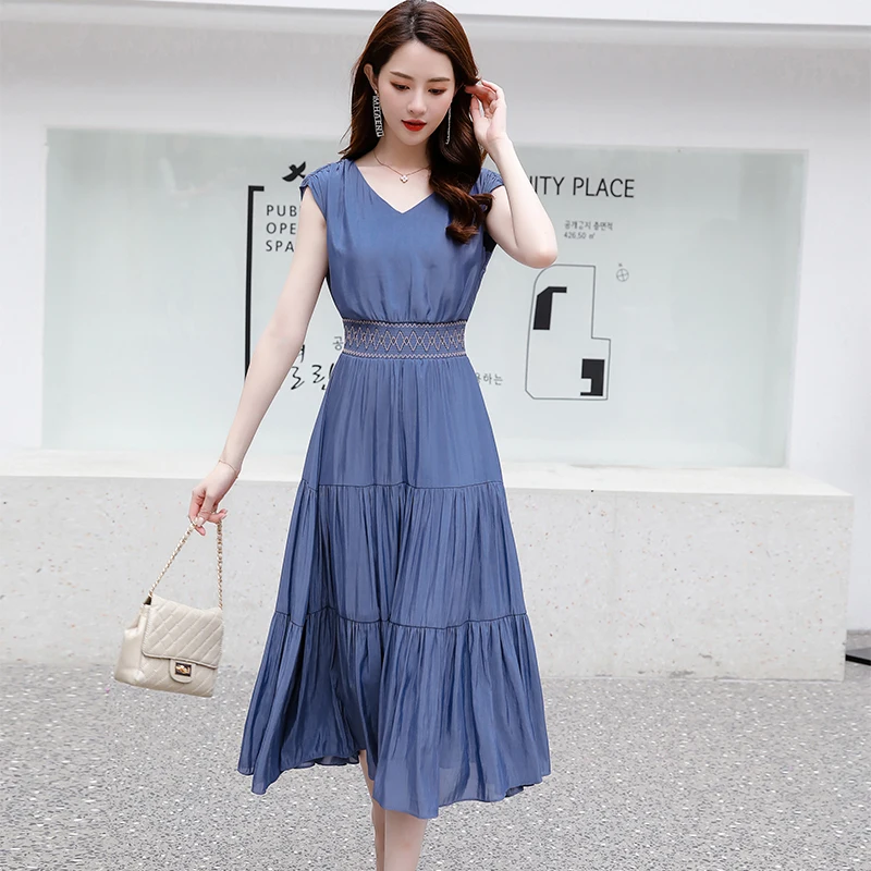 Женское платье большого размера лето 2019 новое тонкое стройнящее одноцветное