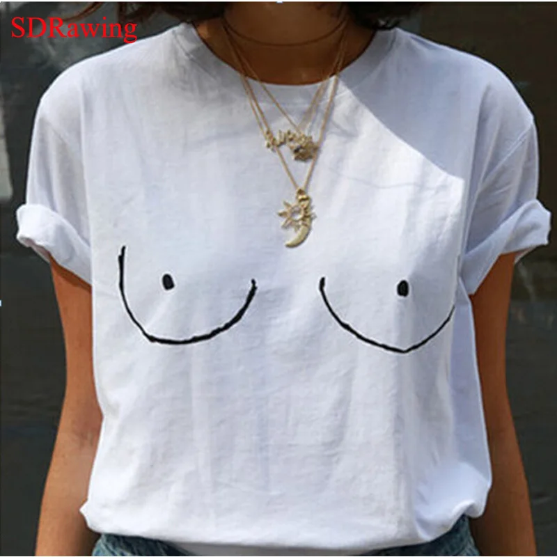 Забавные хлопковые повседневные женские футболки sdraw с принтом груди топы