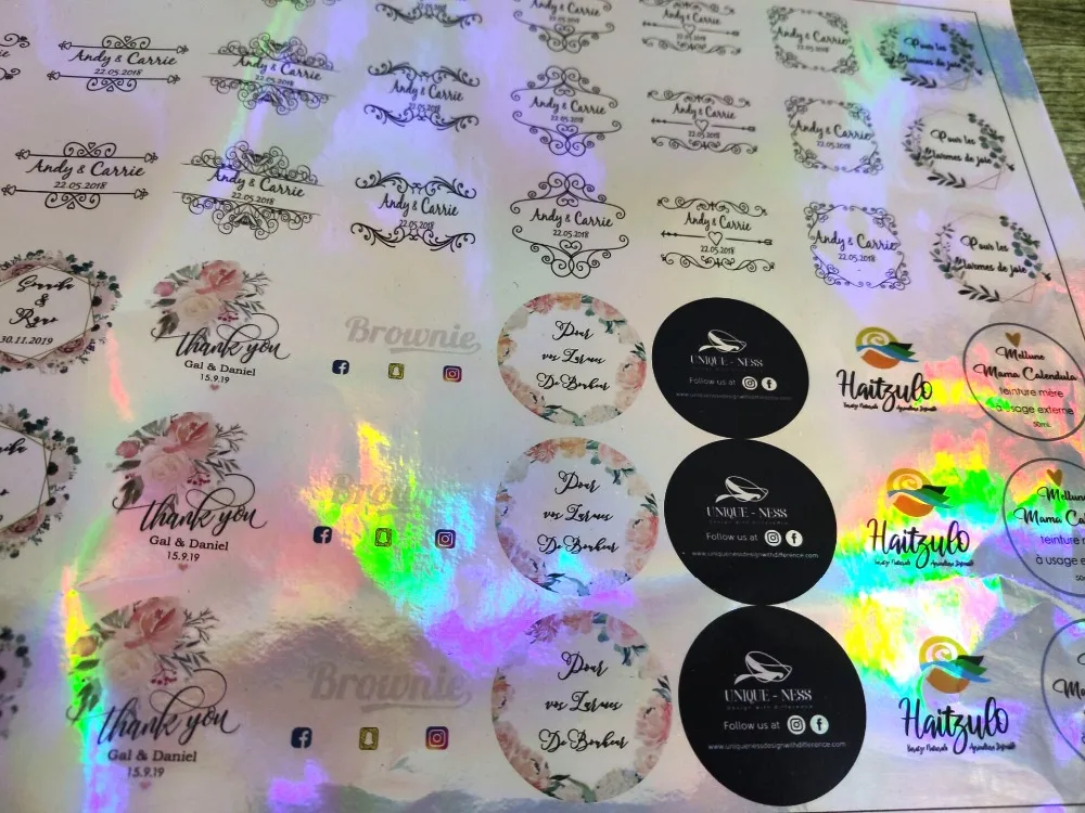 100, Silver laser Customized text logo, Wedding Stickers, Invitations Seals, Candy Favors Gift Boxes Labels, On White Adhesive