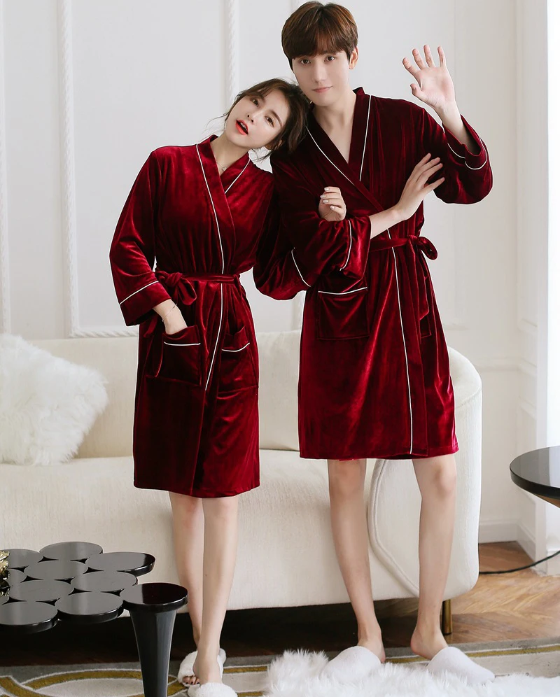 Autumn winter gold velvet women/man bathrobe solid mid length lovers kimono robe