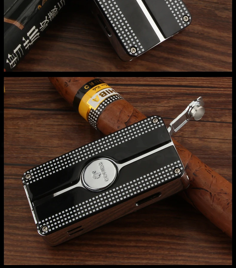 COHIBA металлическая зажигалка для сигар, ветрозащитная, 3 синих струйных пламени, сигаретный фонарь, зажигалки, Бутановая Зажигалка, многоразовая