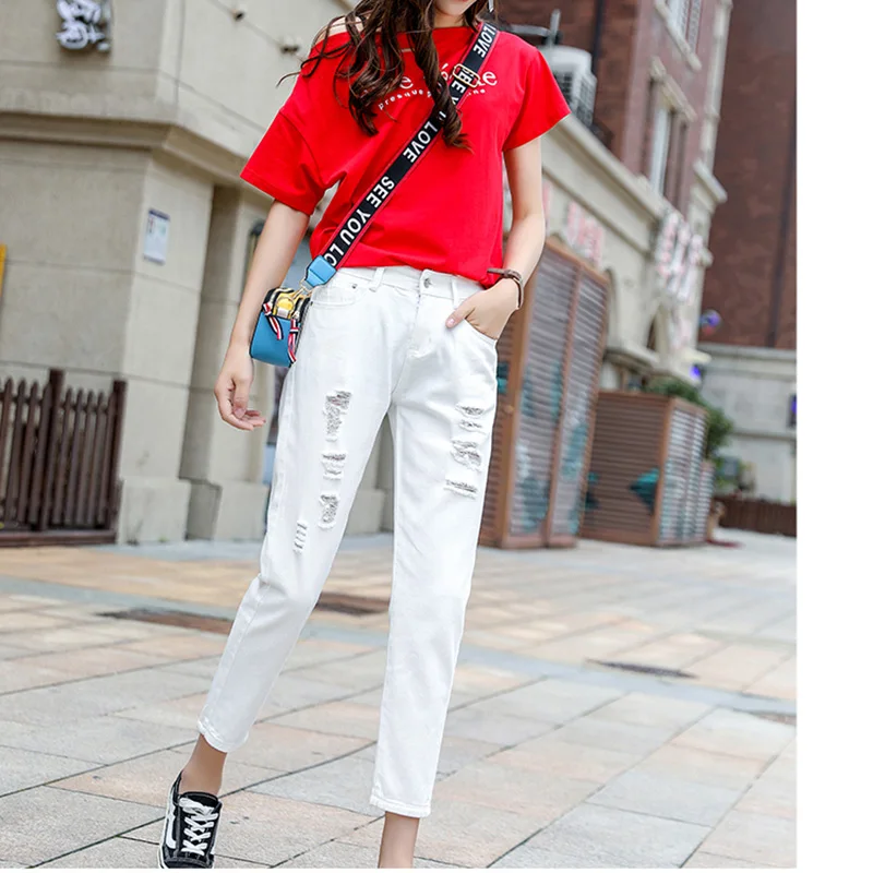 Модные женские джинсовые брюки больших размеров 2019 весна лето с высокой талией и