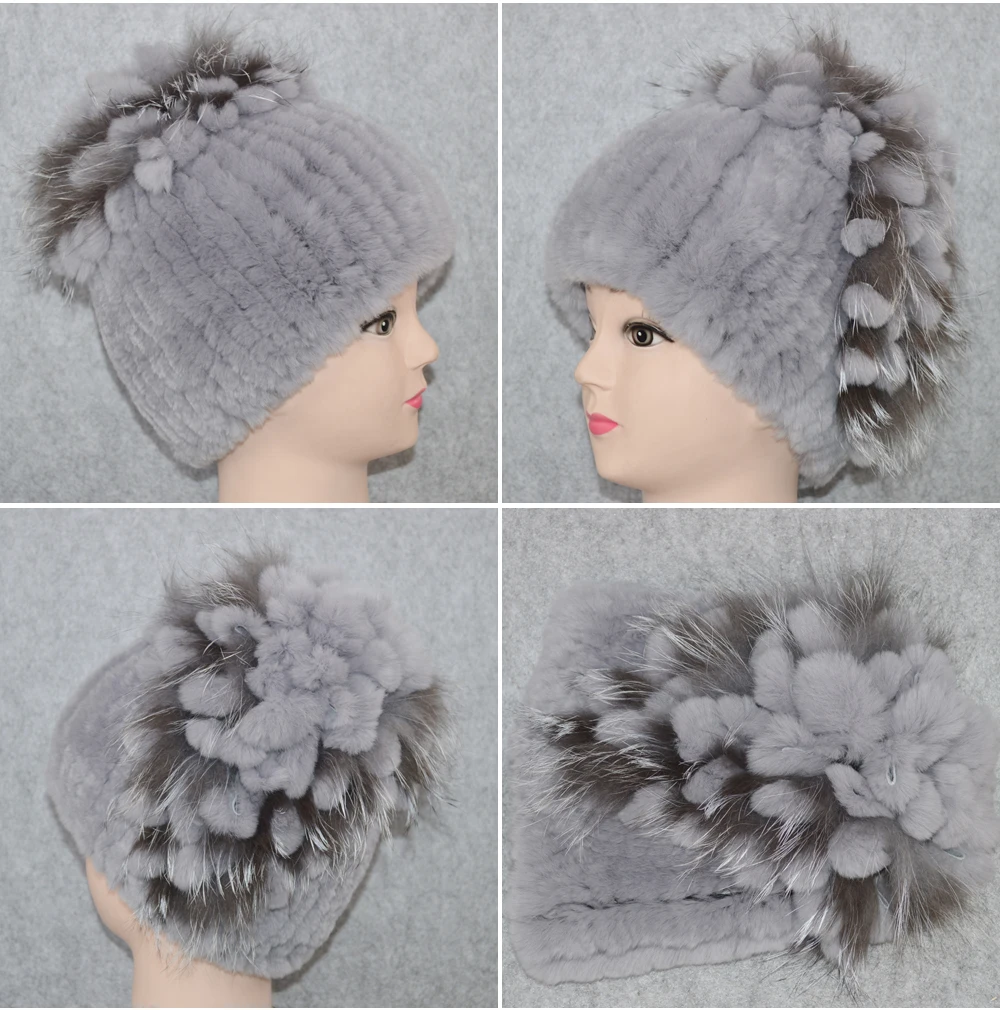 Новые женские шапки Настоящий мех кролика Skullies, роскошные эластичные вязаные цветочные шапки из натурального меха кролика Рекс, зимние шапки из натурального меха