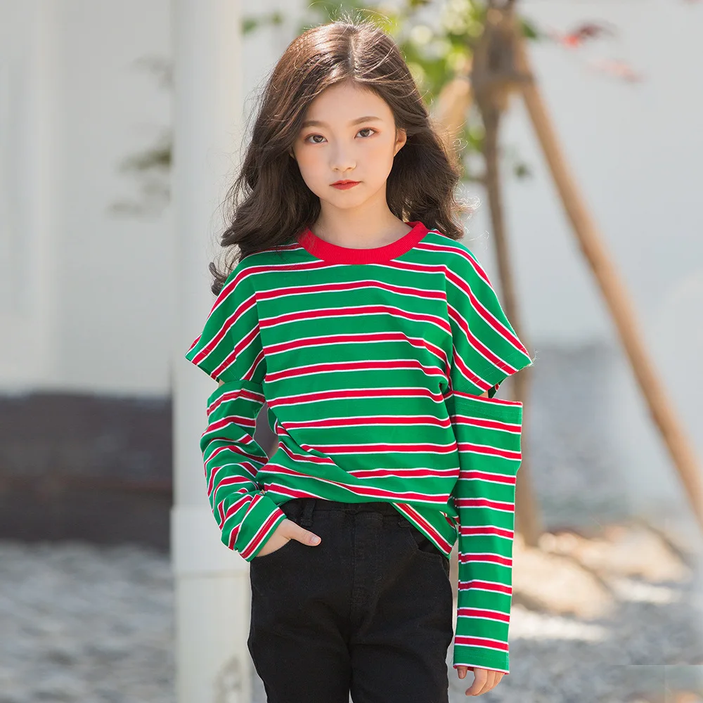 Коллекция 2019 года Осенняя детская одежда модная рубашка в полоску для девочек