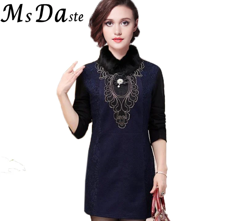 Зимнее плотное теплое платье с воротником из искусственного меха 2018 Весенняя