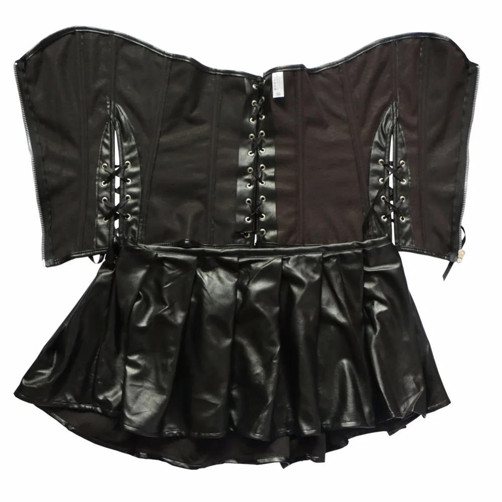 

Women Sexy Corset Dress Faux Leather Corsets And Bustiers Clubwear Hollow Out Bustiers Sexy Lingerie Black Corselet and Skirt