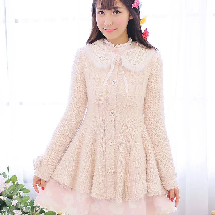 

Princess sweet lolita coat Flower UncleLong feather yarn knitted cardigan Lovely tall waist dress wool coat UF81