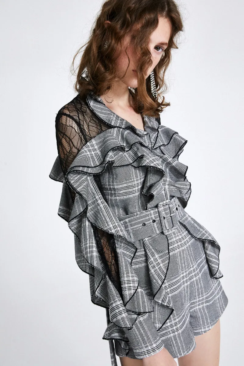 Женский клетчатый комбинезон 2018 Осенние сексуальные комбинезоны прозрачный