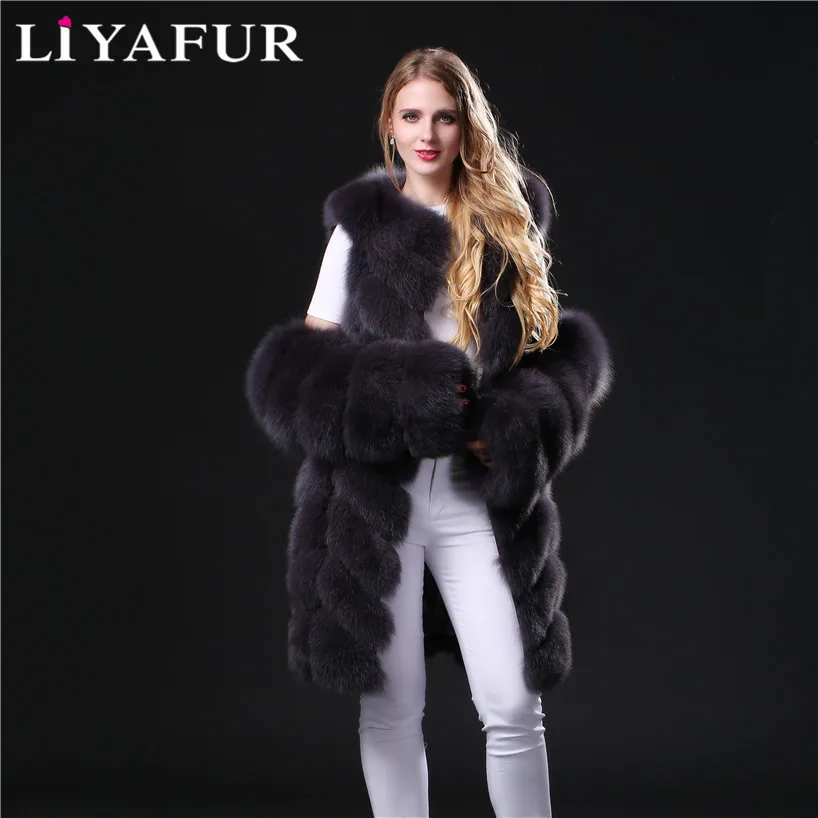LIYAFUR Новая мода съемный рукав пальто натуральная натуральный мех песца длинные