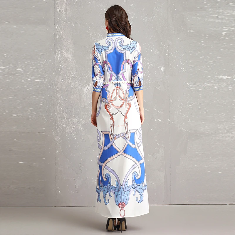 2019 Spring Pretty Print Maxi Dress Women New Hot Three Quarter Sleeve O_neck Female Slim Sweet Long With Belt | Женская одежда
