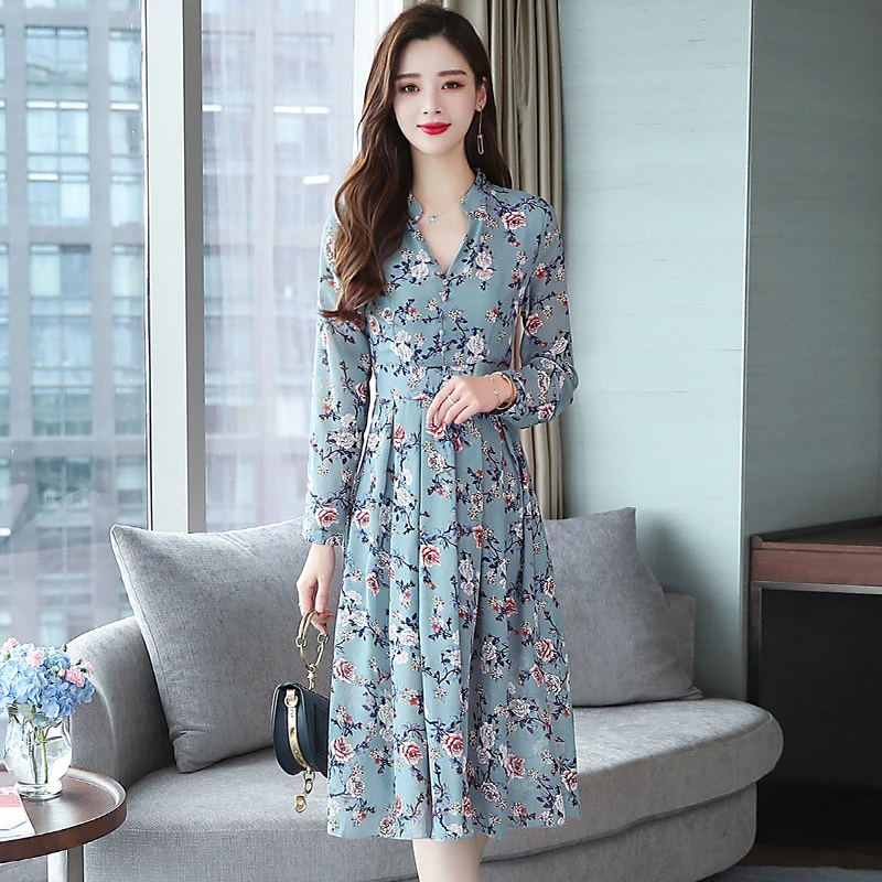 Женское шифоновое платье миди с v образным вырезом элегантное длинным рукавом и