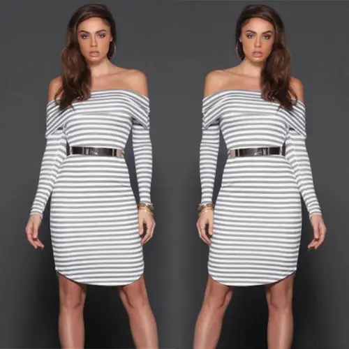 Sexy Women's Bandage Body-con Slash Neck Striped Dresses Long Sleeve Evening Party Short Mini Dress | Женская одежда