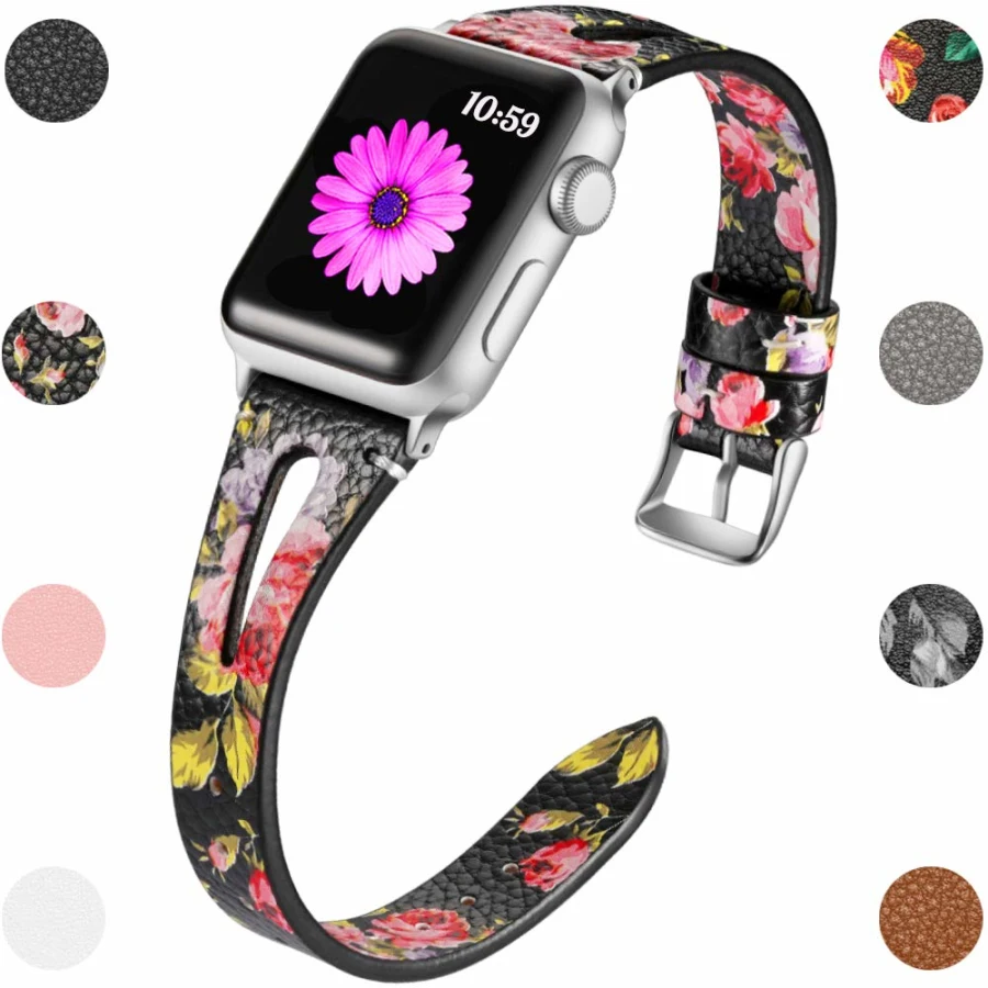 Кожаный ремешок для наручных часов для Apple Watch 42 мм/44 мм 38 мм/40 мм, версия 1/2/3/4 с цветочным принтом наручные браслет для наручных часов iWatch, ремешок Пояс