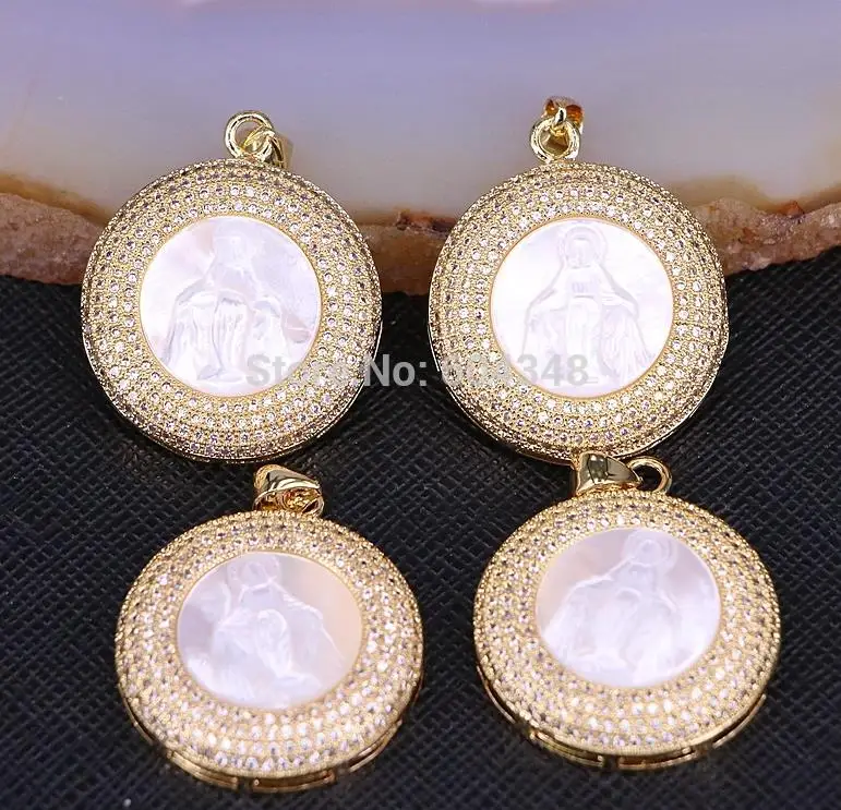 Pendant 5 нитей zyz183-9089 круглый Mother Of Pearl Подвески Micro Pave CZ Природный Shell Белый Круглый с Иисусом Христом Подвески Цепочки и ожерелья - Окраска металла: Pendant