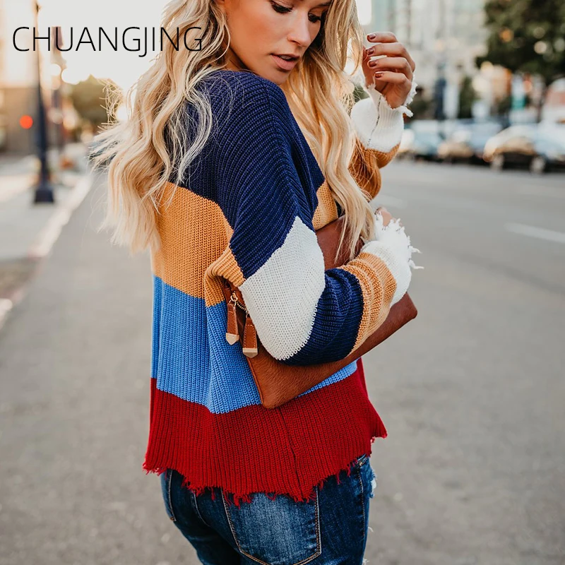 Сексуальный осенне-зимний вязаный свитер для женщин повседневный Полосатый