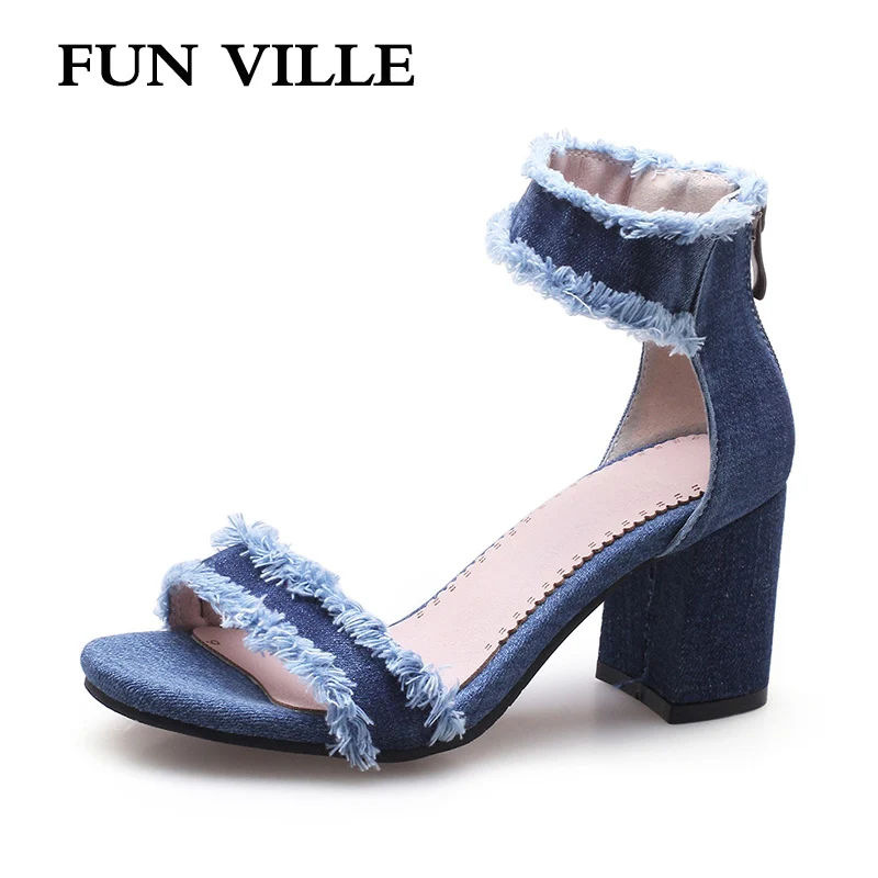 FUN VILLE/Новинка 2018 года модные летние женские босоножки Джинсовая женская обувь на